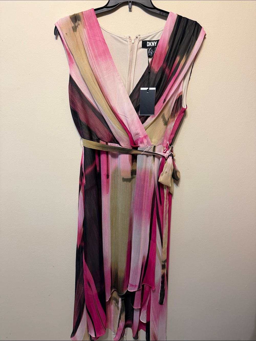 DKNY Pink beige Black Sleeveless High-Low Wrap Dress 2314